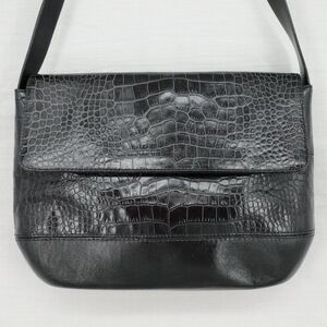 Carla Mancini Handbag Womens Black Leather Alligator Texture Shoulder Bag